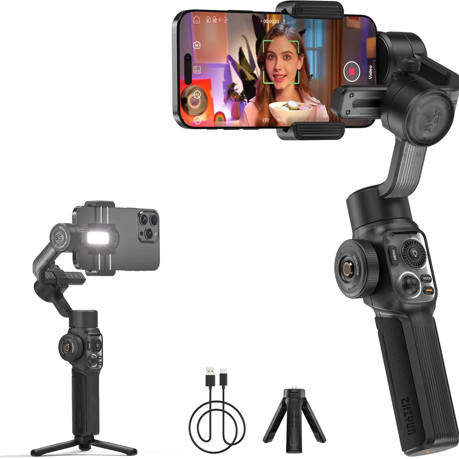 Zhiyun Smooth 5s Ai 3-Axis Gimbal Stabilizer for Smartphone, iPhone Gimbal with Fill Light, Tripod, Gesture Control, 360° Inception