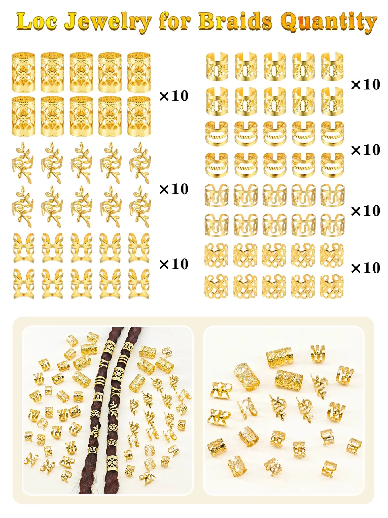 70pcs Hair Jewelry Set, Hair Cuffs & Rings, Multi-Style, Geometric Patterns Hair Accessory, Adjustable Hair Beads for Braids, Locs and Dreads, Braid Accessories