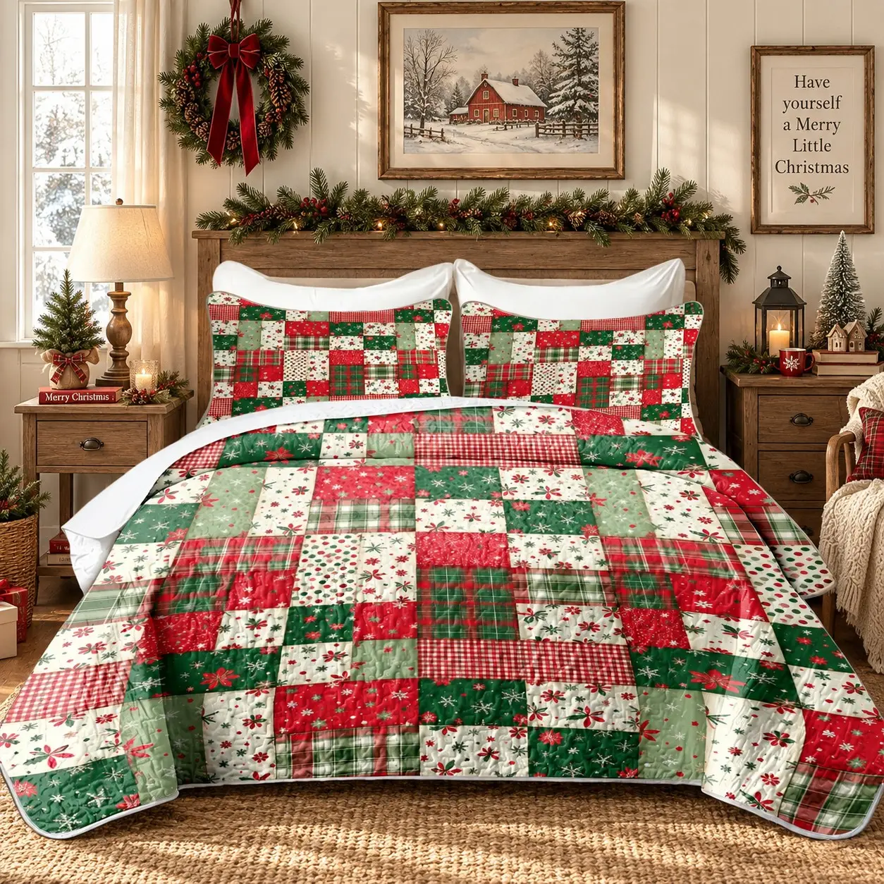 3 Pcs Christmas Patchwork Bedspread Quilt Set, Red Green Plaid Snowflake Holiday Print, Quilted Coverlet with 2 Pillow Shams, Rustic Farmhouse Winter Bedding, Xmas Bedroom Decor, King Size Bedspread, Queen Size Bedspread & Full Size Bedspread