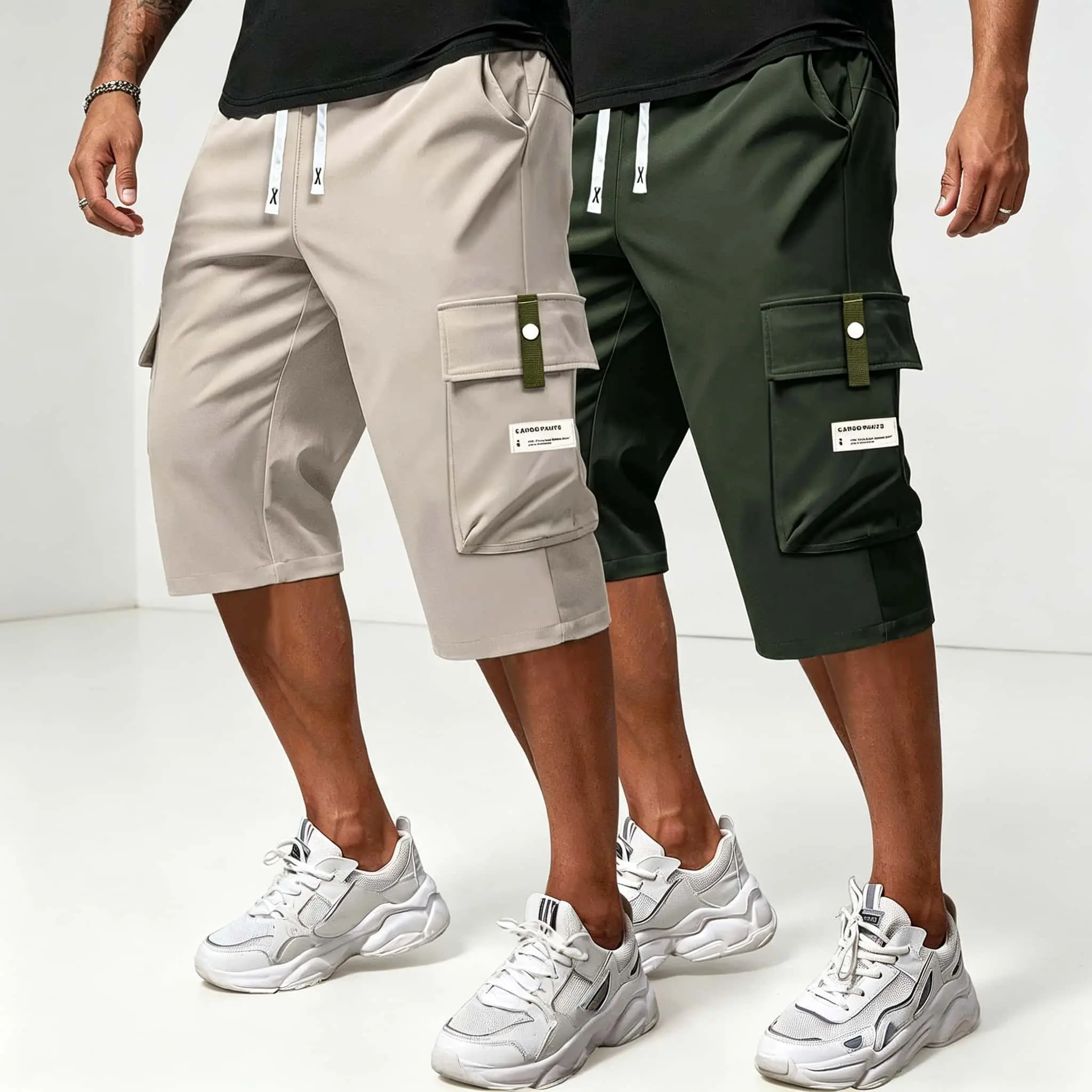 Men's 2-Pack Loose Fit Cargo Shorts - Menswear, Basic, Soft Smooth Minimalist Fabric, Elastic Drawstring Waist, Multi Spacious Side Pockets, Chunky Above the Knee - Casual Work Outdoor Streetwear | Summerwins