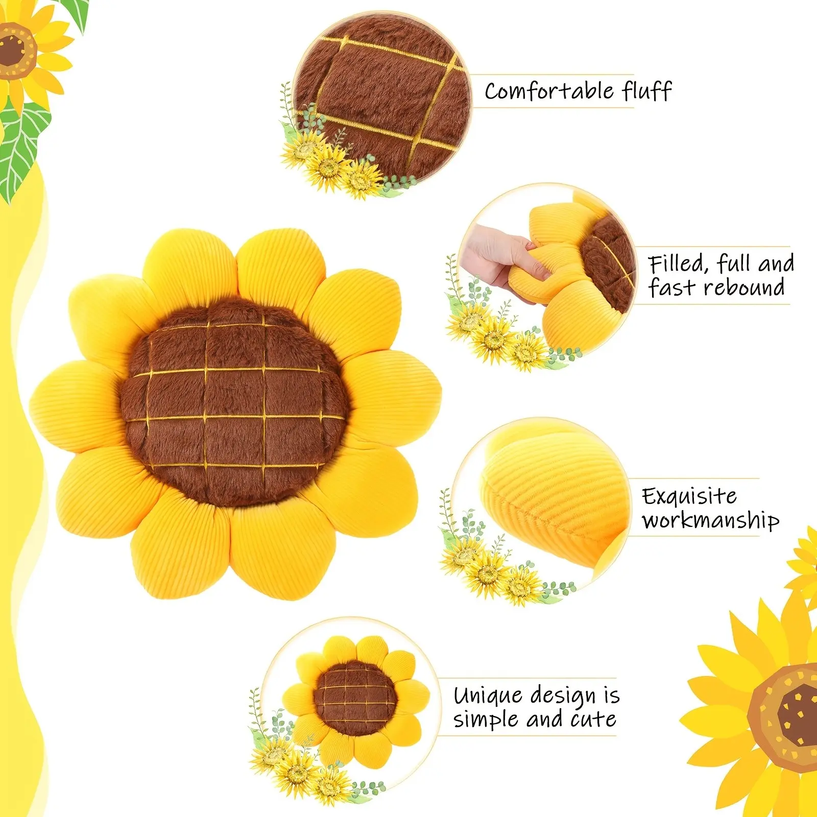 2pcs Flower Floor Throw Pillow Plush Sunflower Shape Cushion Reading Cushion Decor Seating Corner Mat For Adult Bedroom Sofa 19 Inch, 15 Inch