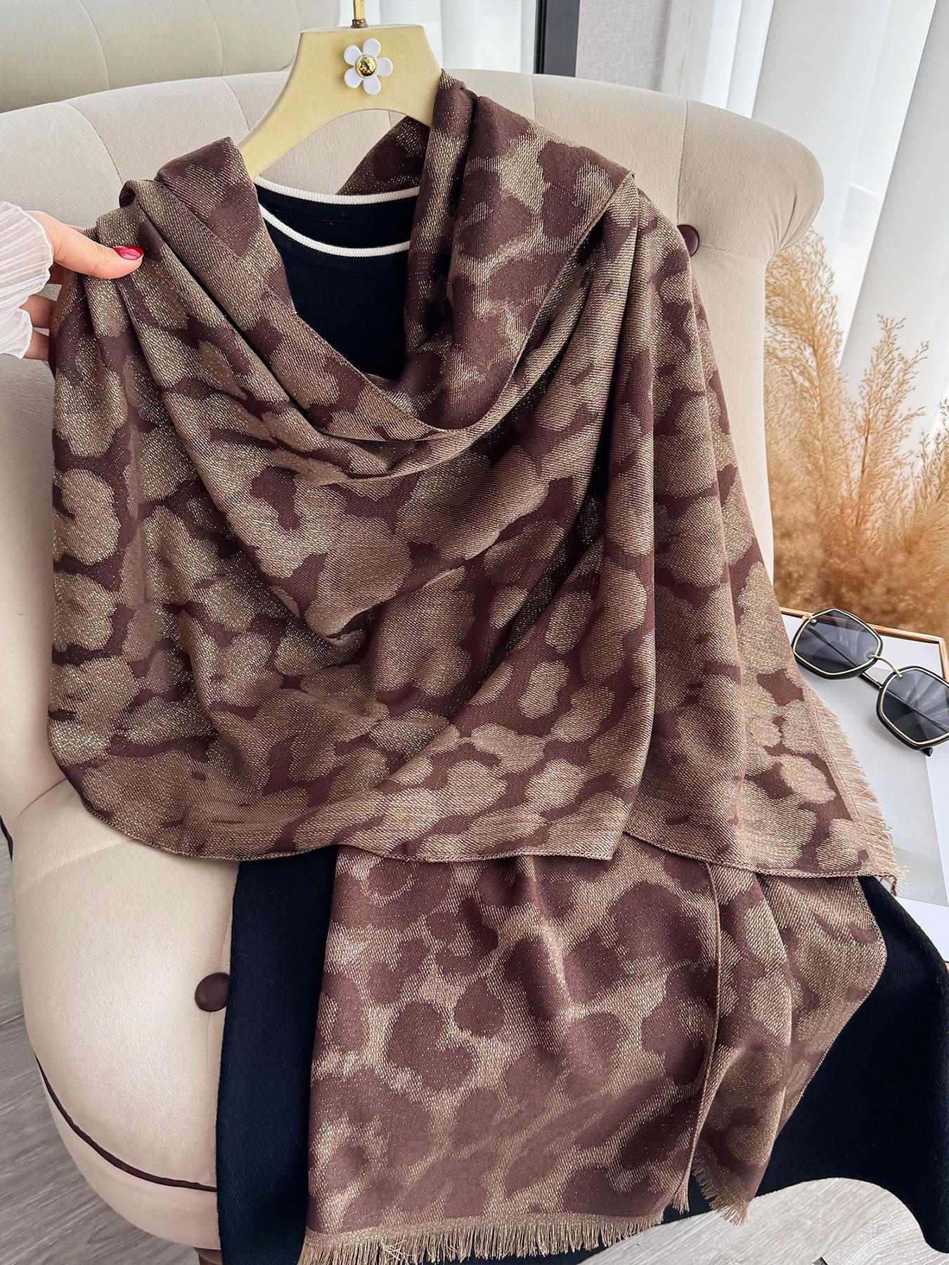 Fringe Edged Leopard Print Scarf, Boho Style Scarf, Fashionable Animal Pattern Shawl for Versatile, Perfect Accessory for All Seasons