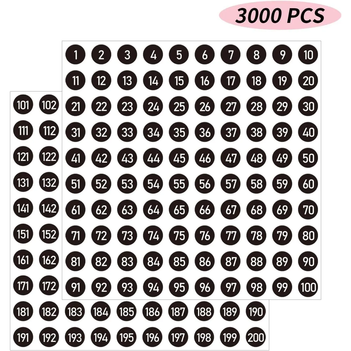 3000 PCS 0.4 Inch Black Consecutive Number Stickers 1-200, Vinyl Self-Adhesive Numbered Labels, Residue-Free, Indoor & Outdoor Use