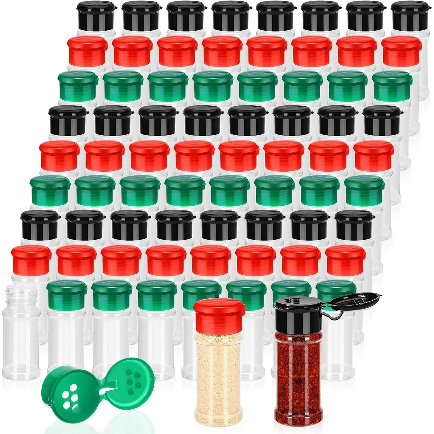 120 Pcs Plastic Spice Bottles Spice Jars with 3 Colors Cap Seasoning Jars Shaker 2 Oz/ 60ml Clear Bottle Containers with Shaker Lids for Storing Herbs and Seasoning Powders