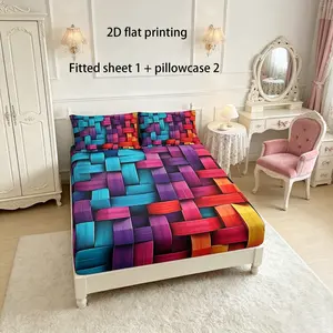 Colorblock Plaid Digital Print Bed Sheet Set, Breathable Polyester Fiber, All Seasons Comfort, 1 Fitted Sheet & 2 Pillowcases, Polyester Bedding Set