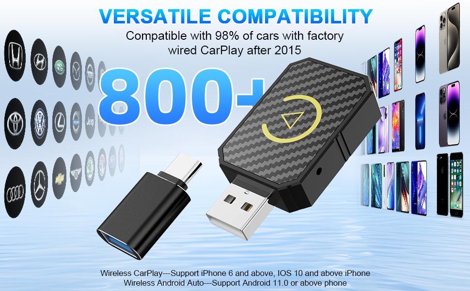 2 in 1 Wireless Apple CarPlay Adapter, for both Apple and Android,converts wired to wireless, suitable for factory wired CarPlay cars from 2017+