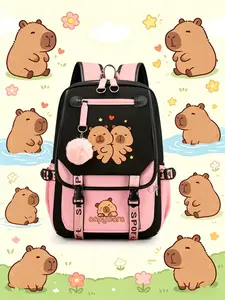 Cute Water Buffalo Dual Shoulder Bag, Heart and Star Design, Multi-Layered, Adjustable Straps, Zip Closure, Nylon Material, Unisex Gift
