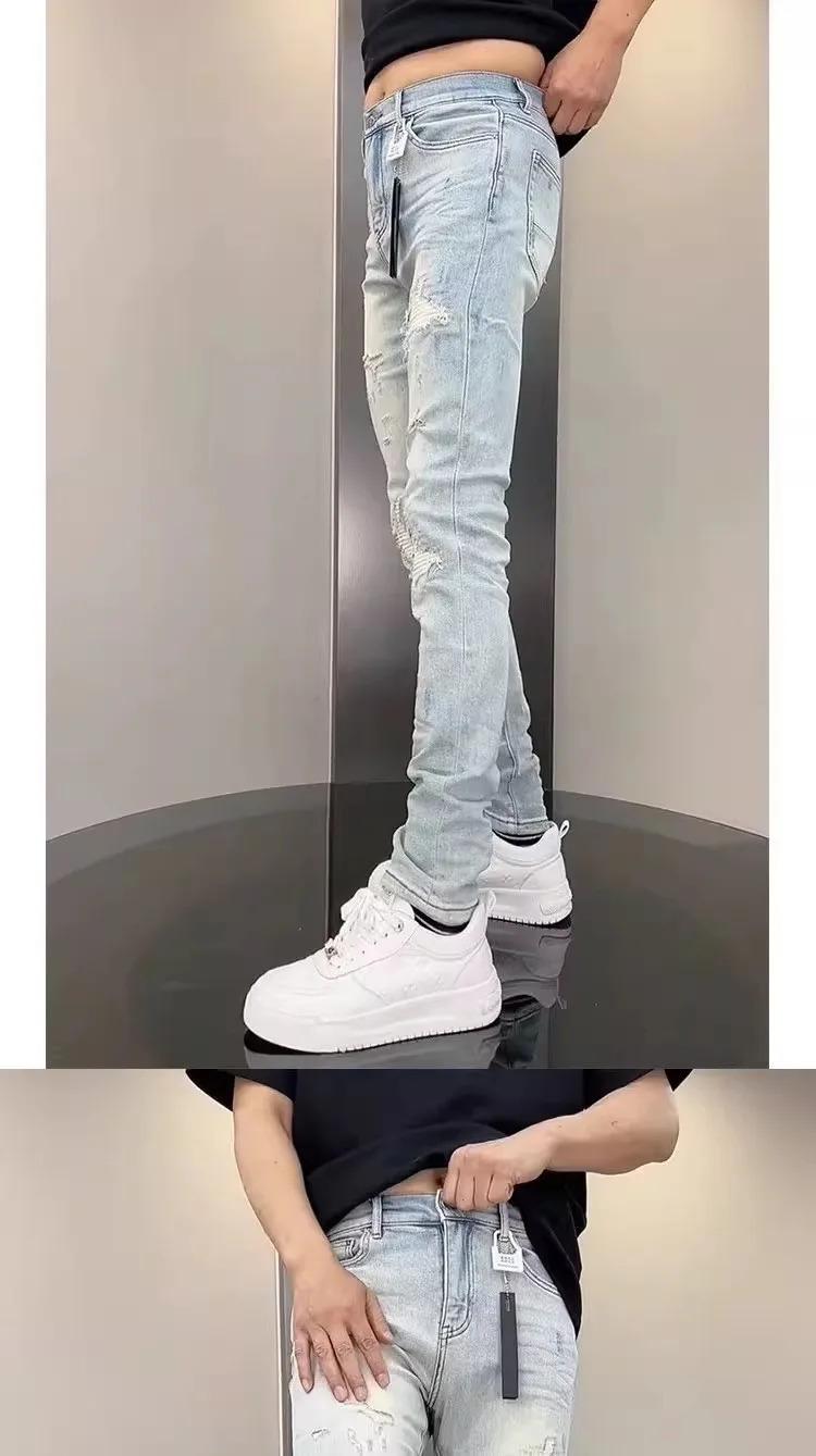 New Korean Luxury Clothing High Jeans for Men Fashion Slim Fit Pencil Pants with Holes Summer Casual Denim Trousers Male