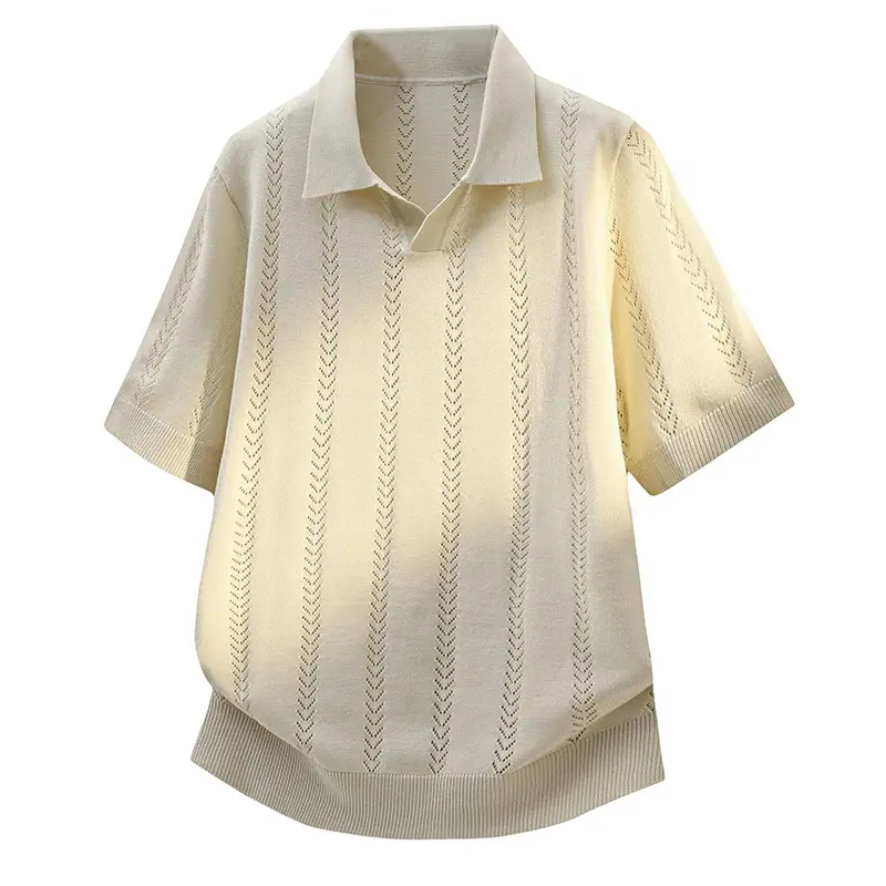 Men's Cable Knit Polo Shirt - H Type Menswear Top, Smart Casual Style, Solid Pattern, V-Neck, Short-Sleeve, Medium Length, Half Placket, Vertical Wheat Hollow Breathable Knit, Lightweight Polyester Blend, Cold Wash, Tops