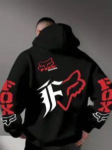 1 Piece Men‘s Fox Racing Graphic Hoodie, Bold Red and White Logo Print, Streetwear Style for Casual Daily Wear and Outdoor