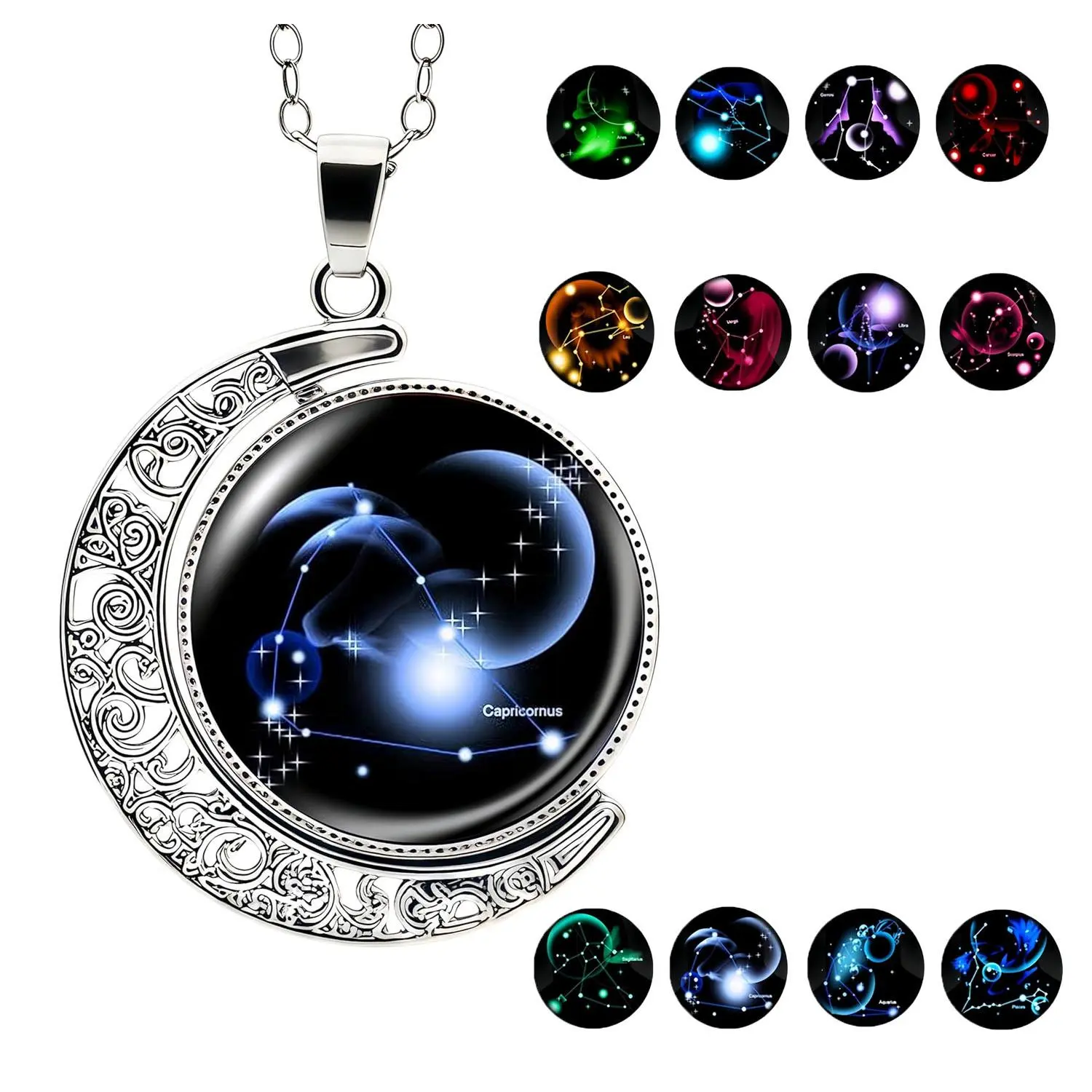 20-Inch Hypoallergenic Stainless Steel Fidget Rotating Moon Cabochon Zodiac Necklace - Gothic Witchy Constellation Pendant, Spiritual Fashion Jewelry for Women, Birthday/Father’s Day Gifts (Cancer, Aries, Sagittarius, Gemini), Valentine’s Day, Birthday Gi