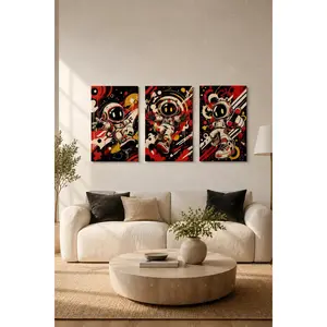 Red Black Astronaut Triptych Canvas Poster Set, Streetwear Wall Art, Cute Space Print for Teen Bedroom, Gaming Room, Living Room, Modern Aesthetic Home Decor Gift,wall decor,poster.