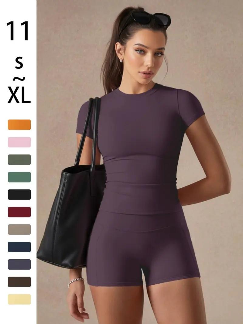 Women's Solid Color Basic 2-Piece Set – Versatile T-Shirt & Booty Sculpting Gym Shorts, Multi-Purpose Yoga Fitness Outfit for Workout & Daily Wear
