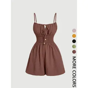 Women's Casual Solid Fitted Sleeveless Romper with Adjustable Front Tie and Elastic Waist, Stylish Jumpsuit for Summer, Trendy Fashion Clothes for Ladies