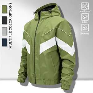 Men’s Fashion Adjustable Hood Casual Zip Jacket, Windproof Long Lasting Fabric Color Block Chevron Outer Coat, Elastic Rib Cuffs Hem Hidden Side Pockets Comfort Loose Fit Outerwear for Jogging Camping Daily Commute Casual Daily Life, Olive Black Gray Navy