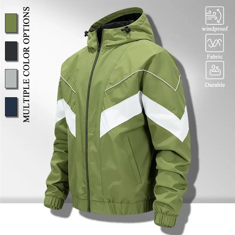Men’s Fashion Adjustable Hood Casual Zip Jacket, Windproof Long Lasting Fabric Color Block Chevron Outer Coat, Elastic Rib Cuffs Hem Hidden Side Pockets Comfort Loose Fit Outerwear for Jogging Camping Daily Commute Casual Daily Life, Olive Black Gray Navy