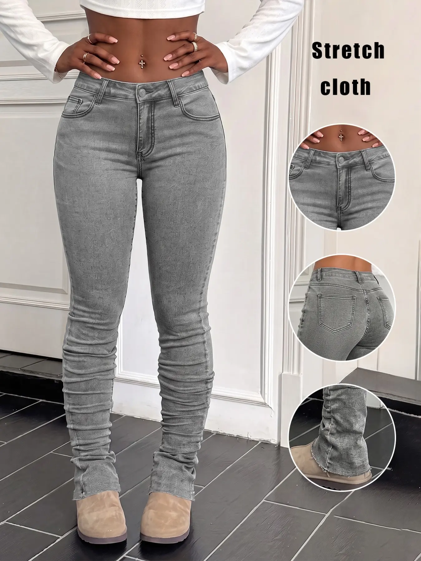 Extra Long Acid Stacked Flare Stretch Jeans, High Waist Butt Lifting, Y2K Curvy Hip Hop Street Denim Jeans, Casual All Seasons
