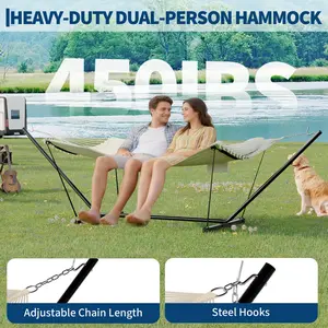 Garvee Heavy Duty Double Hammock with Stand & Pillow – 2 Person Outdoor Patio Hammock – 450 lbs Capacity, Balance Rope, Large Garden Lounger