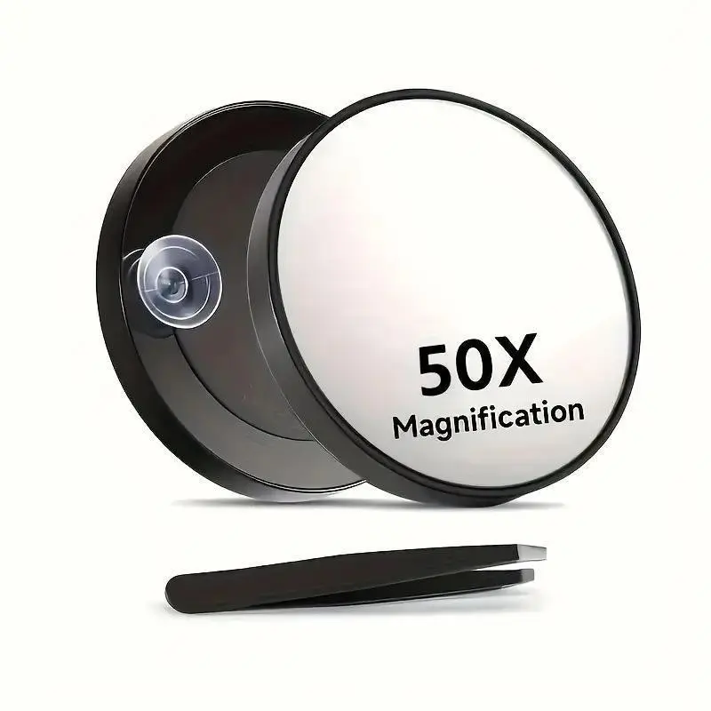 New 50x magnification makeup mirror set, with tweezers and suction cups to fix the round mirror. Essential for both home and travel (diameter 3.5 inches). Ideal for precise makeup application, Cosmetic Mirror, Portable Vanity Mirror
