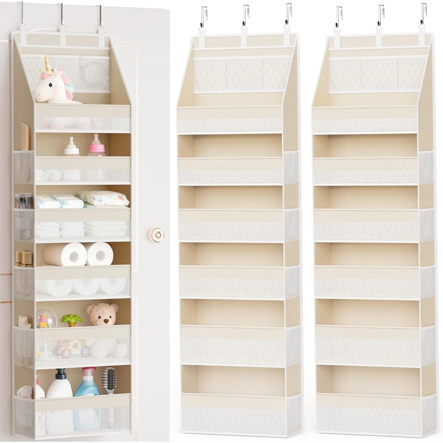 2 Pack Over the Door Organizer, 6-Shelf Closet Hanging Storage with 13 Mesh Pockets, 55lbs Capacity Behind the Door Storage for Baby Nursery, Bathroom, Bedroom, and Dorm, Beige