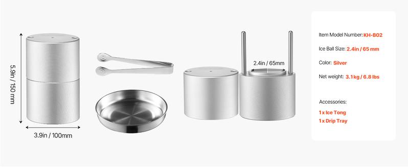 VEVOR Ice Diamond Press, 2.4" Ball Maker, Aviation Aluminum Kit With Tong and Drip Tray for Whiskey, Cocktail, Bourbon, Scot on Party & Holiday