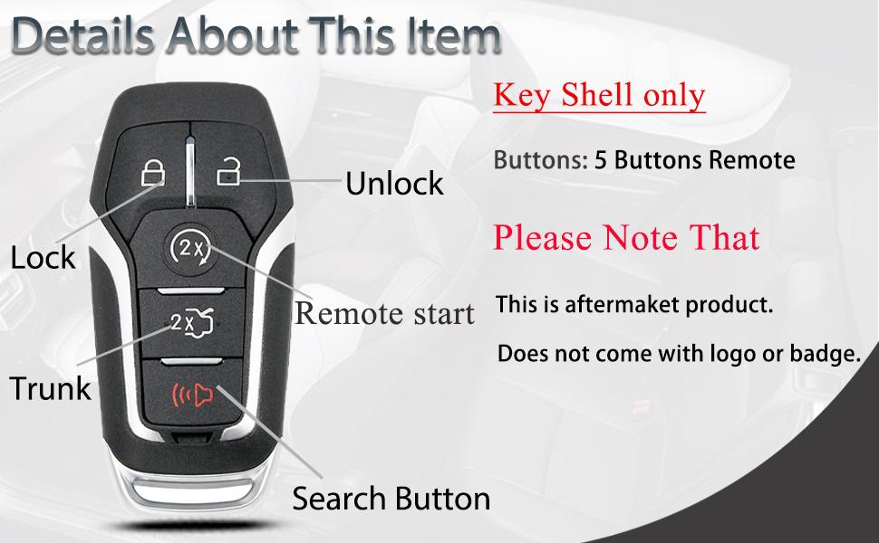 Key Fob Shell Case Replacement Fits for Ford Mustang Fusion Edge Explorer F150 F250 F350 Lincoln MKZ MKX MKC 2014-2017 Keyless Entry Remote Control 5 Button Pad Cover M3N-A2C31243300