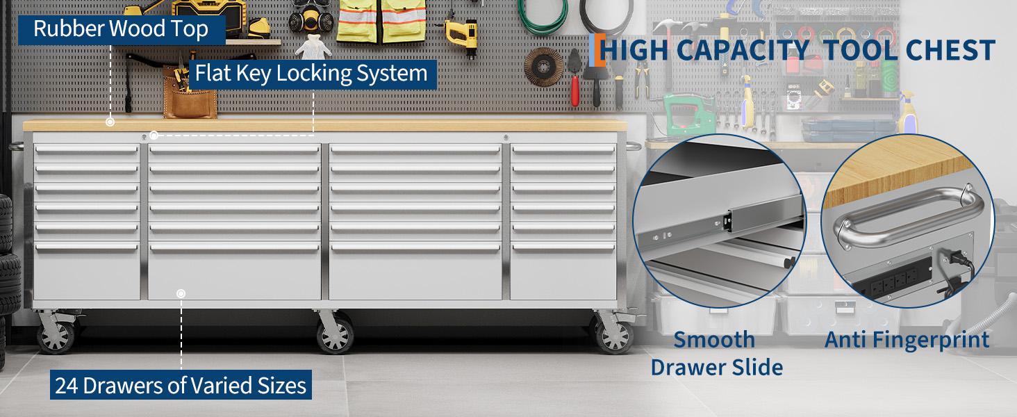 96" Tool Chest, Heavy-Duty Rolling 24-Drawer Professional Mobile Tool Cabinet with Lock & Key, Drawer Liners & 6" Casters for Garage, Workshop or Auto Shop Storage