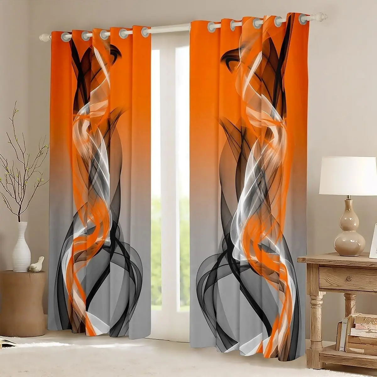 Curtains for Bedroom and Living Room, Abstract Semi-Sheer Stripe Curtains, Geometric Modern Style, Set of Two
