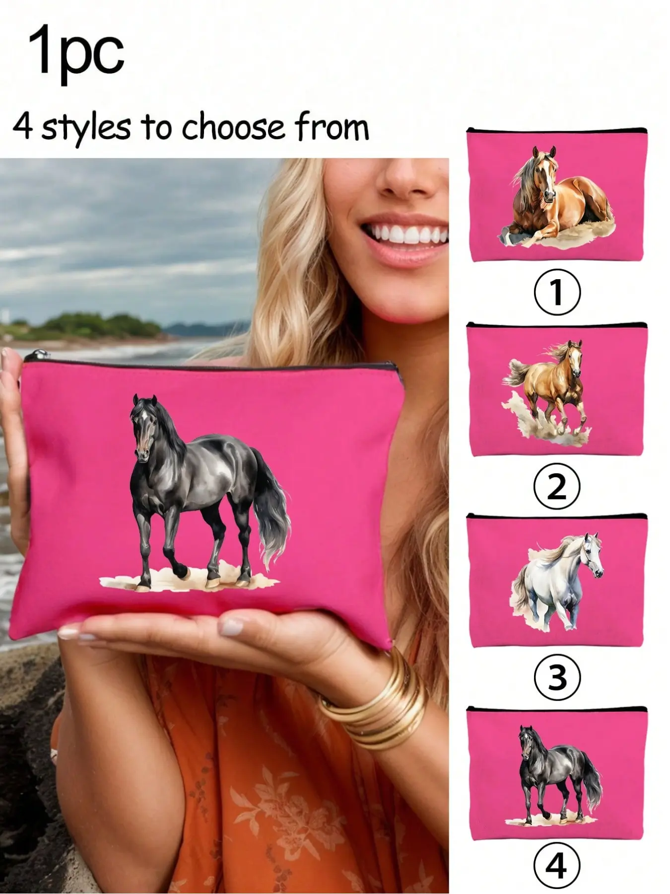 Charming Watercolor Horse Print Zipper Rose Makeup Bag, Fashion Large Capacity Cosmetic Travel Bag, Stylish Cosmetic Organizer