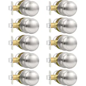 10 Pack Brushed Nickel Round Interior Door Knobs Non-Locking Passage Keyless Door Handles for Hallway Closet Fits Left/Right Handle Doors