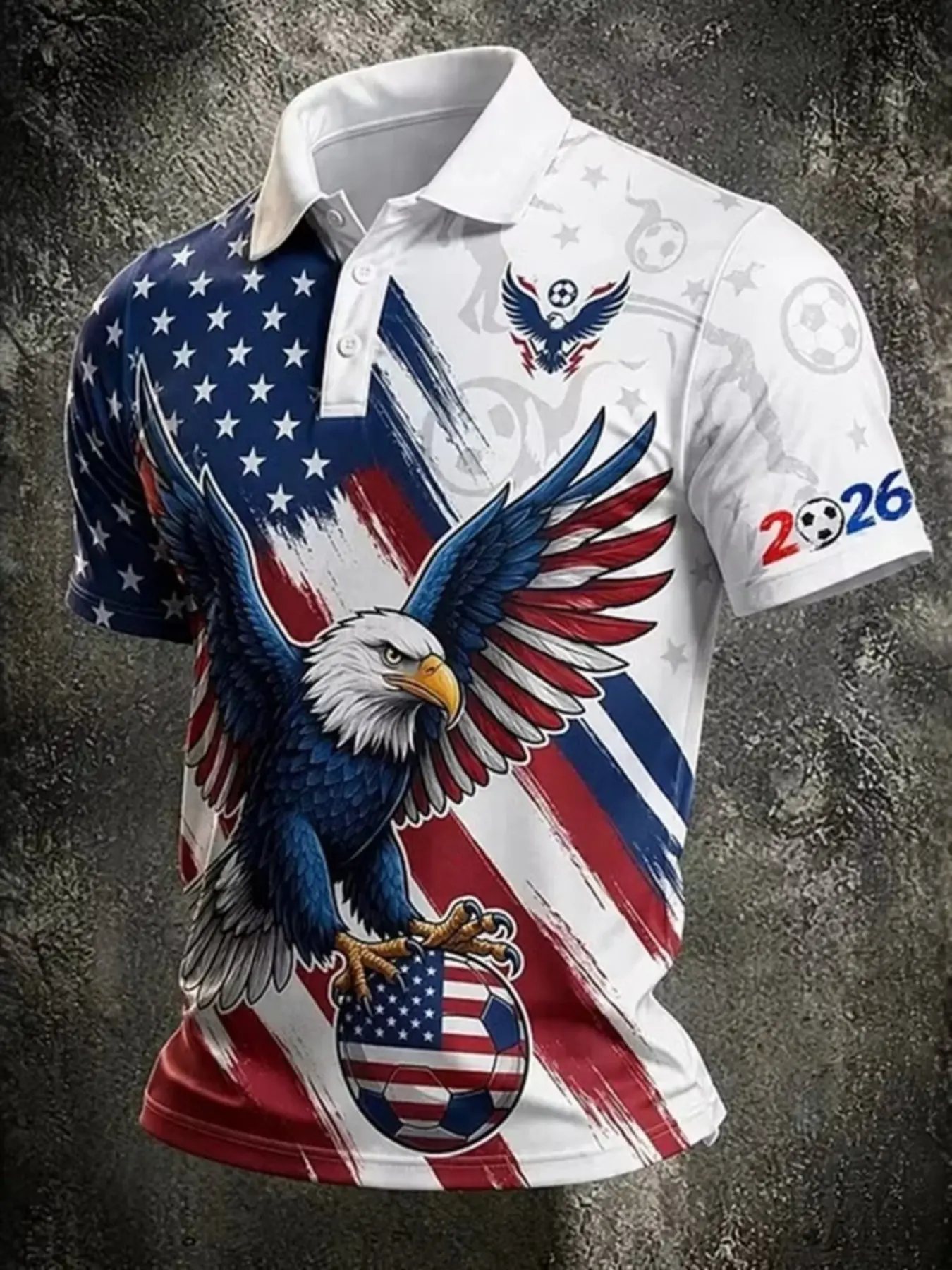 Men's 2026 Usa Football Shirt, Full Body American Flag Eagle Pattern T-Shirt, Collar Polo with Star Design, Casual Sportswear, Casual Athletic Style