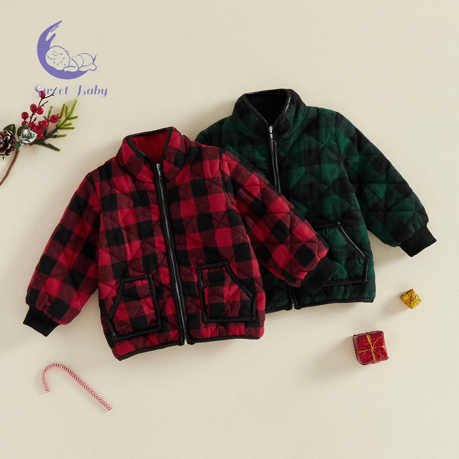 Quilted Jacket for Little Girl Boy Plaid Stand Collar Coat with Pockets