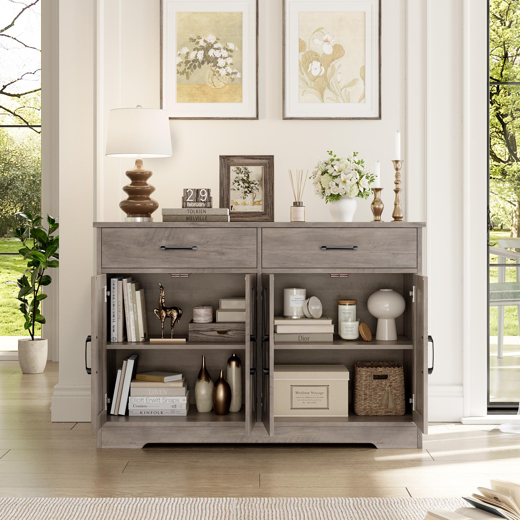 HOSTACK Buffet Cabinet, Coffee Bar with 2 Drawers, Shelves, 4 Doors, Modern Farmhouse Kitchen Sideboard Buffet, Wood Storage Cabinet