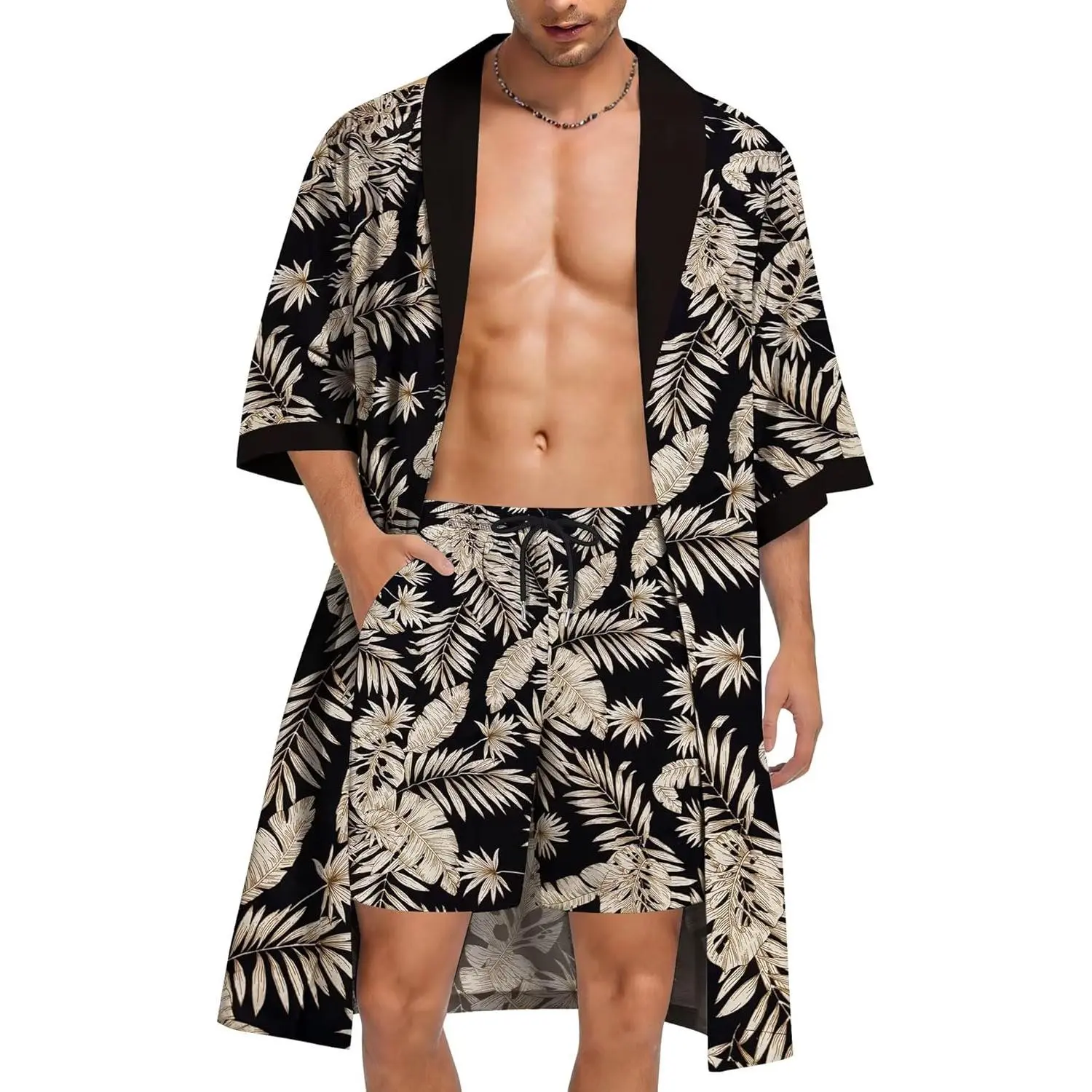 SWOMOG Men's Robe with Shorts Set Lightweight Kimono Bathrobe 2 Piece Open Front Cardigan Robes