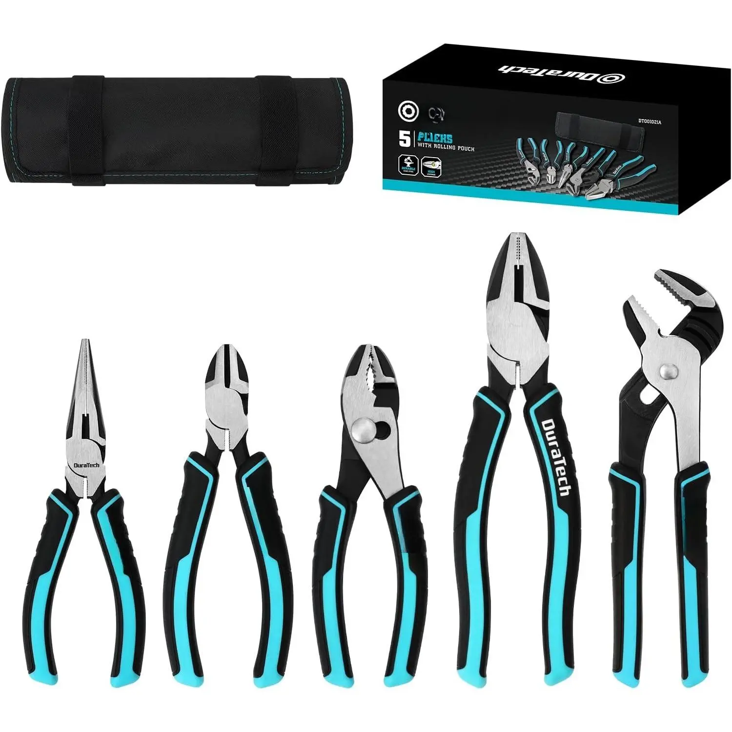 5- Cr-Ni Pliers Set, Hand Tool Set with Storage Rolling Pouch | 6" Long Nose Pliers, Diagonal , Slip Joint, 8" Linesman Plier, 8" -Joint Plier, Comfort Handles, Anti-Rust