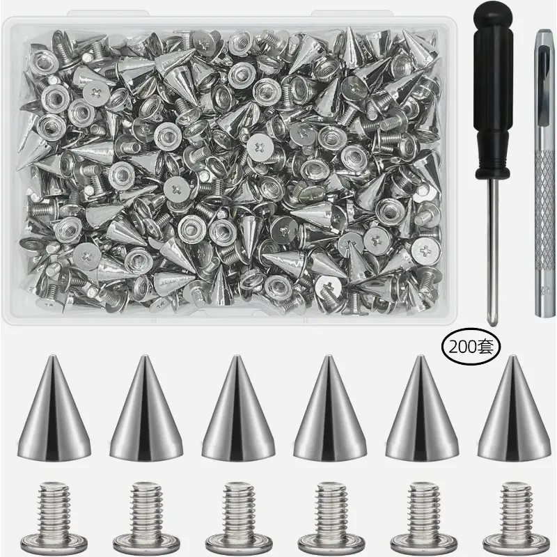 200 Sets 79.5 Metal Alloy Conical Bullet Spikes, Punk Screw Rivets for DIY Clothing Bag Decoration, Sharp Cone Studs with Screwdriver Installation Tools, Hardware Accessories for Leather Jacket Belt Shoe DIY Craft