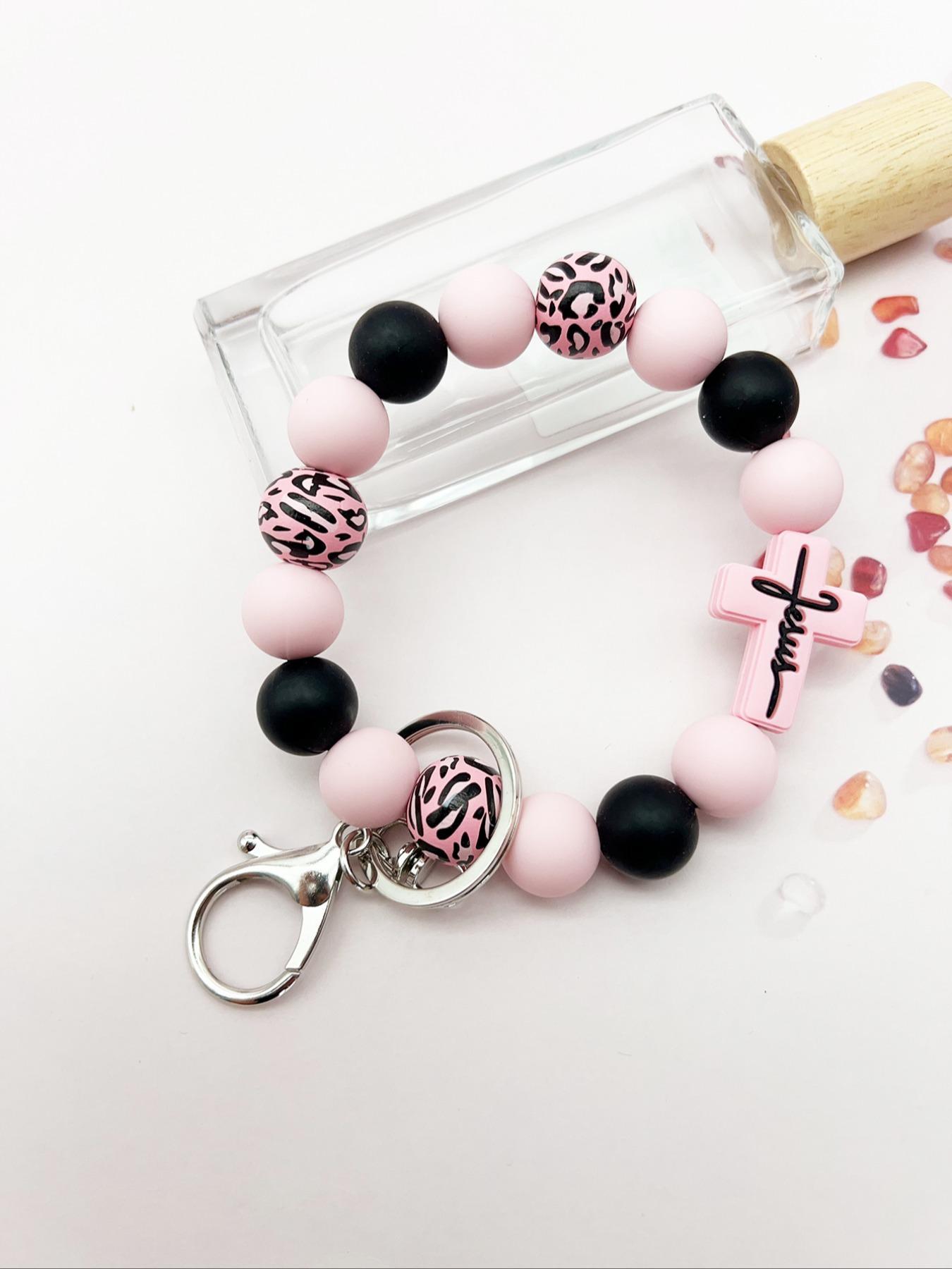 Leopard Wood Beads Keychain, Multi-colored Silicone Beads, Crossover Letters Bag Pendant, Car Key Pendant, Gift for Friends