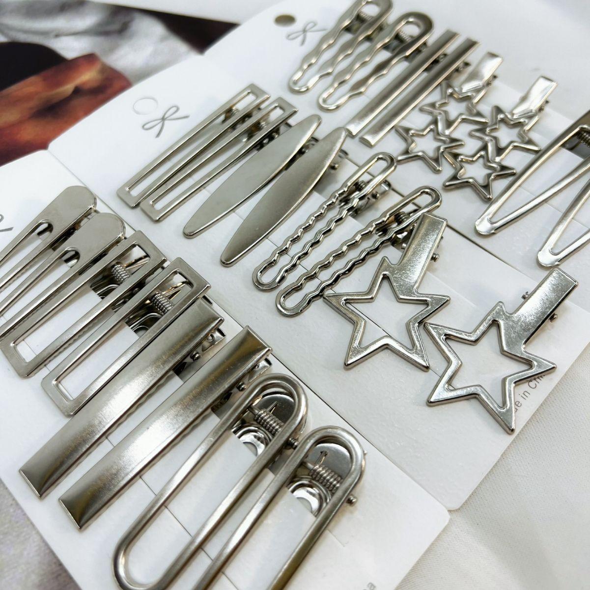 24Pcs Y2K Silver Metal Hairpins Star Seamless Duckbill Clip Women Girls Fashion Alloy Hair Accessories 4.5-7cm