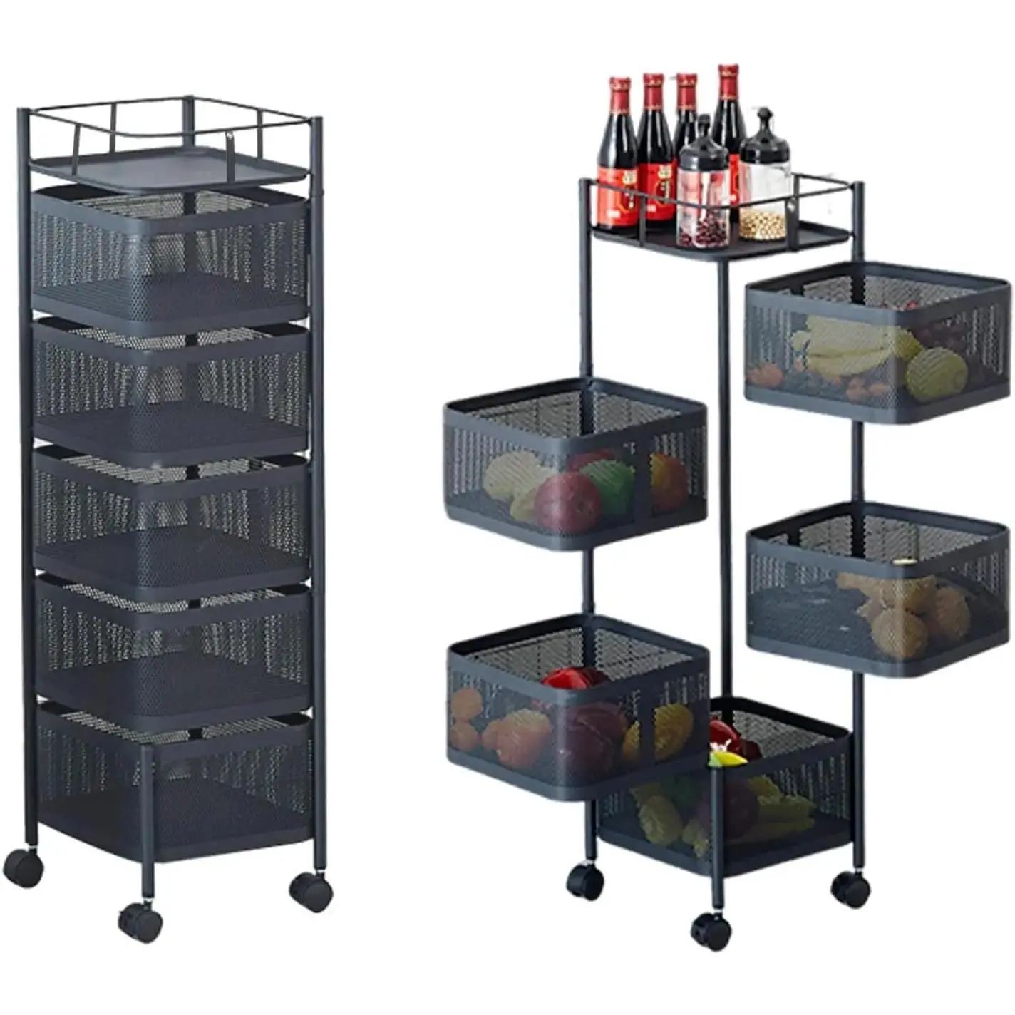 5 Tier Rolling Utility Cart Organizer, Rotating Storage Rack, Rolling Snack Cart, Metal Rolling Carts with Wheels for Fruit Potato Onion Vegetable