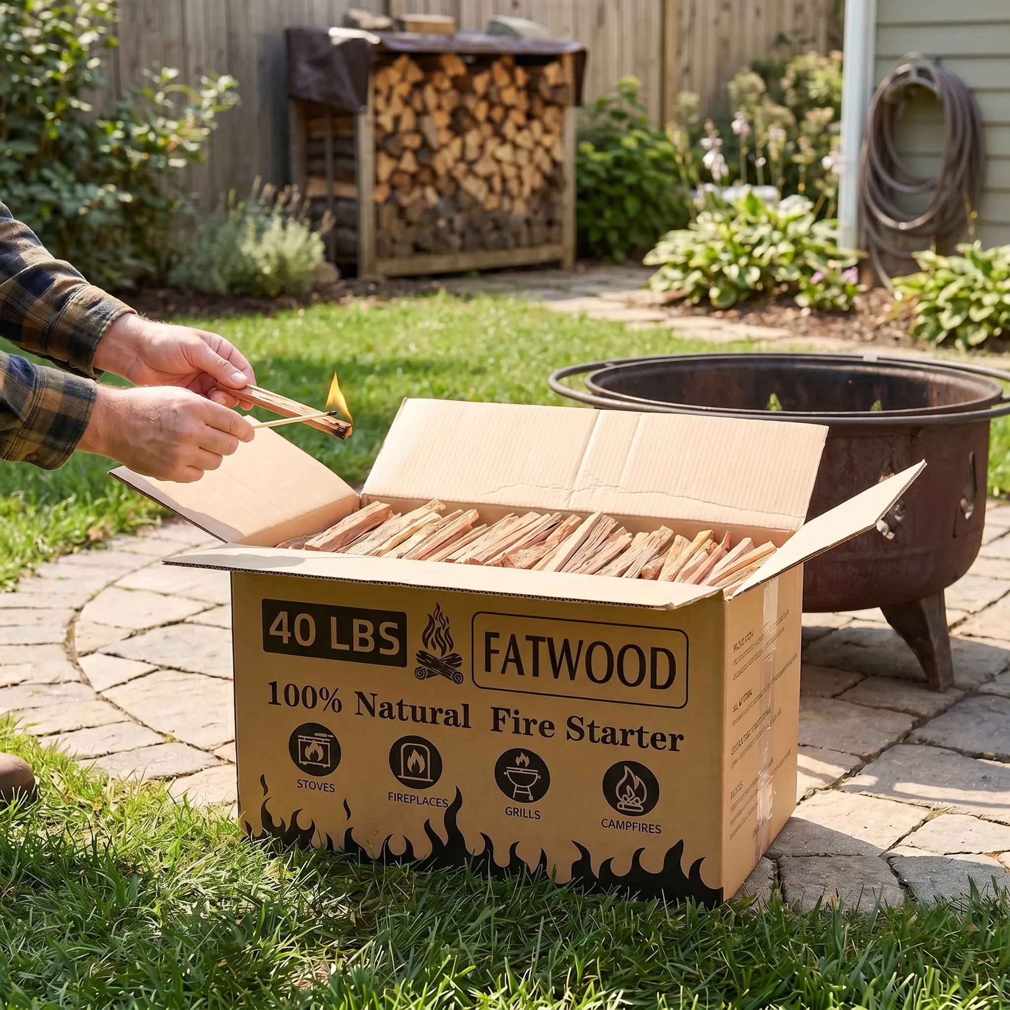 ARCH 40 Lb Bulk Boxed Pack Chemical-Free Natural Pine Fatwood Sticks - Assorted Lengths, Kindling for Bbq Pit, Fireplace, Outdoors Home Improvement Fire Pit Wood Logs