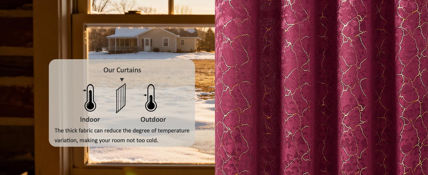 Burgundy Curtains 84 Inches Long 2 Panels Maroon Curtains Room Darkening Drapes Gold Grommet Victorian Marble Textured Window Treatment for Living Room Bedroom, 52x84