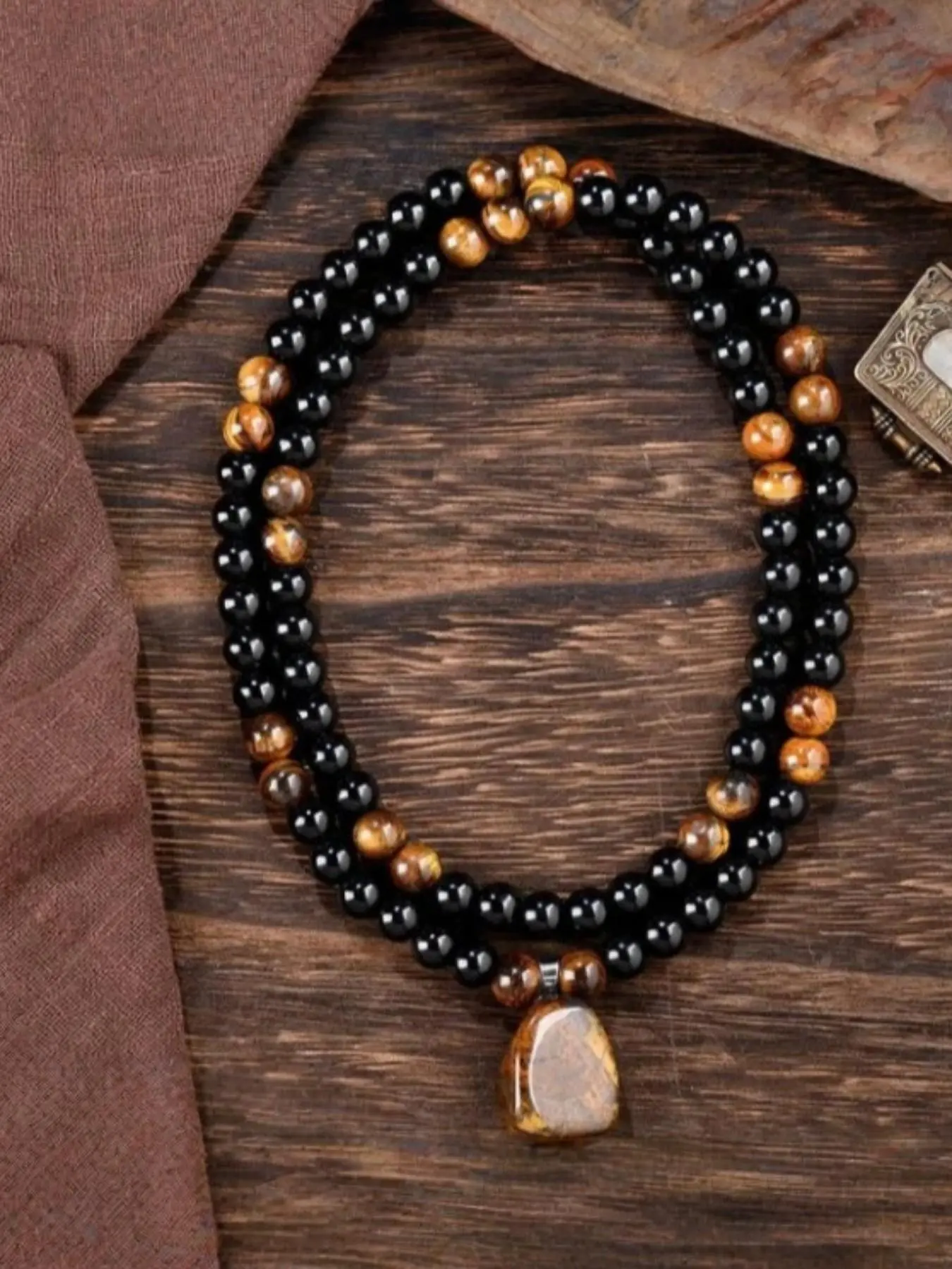 Obsidian Tiger Eye Boho Necklace, Money Attracting Pendant, Healing Crystal Jewelry, Anniversary Gift, Party Accessory, Unisex Fashion