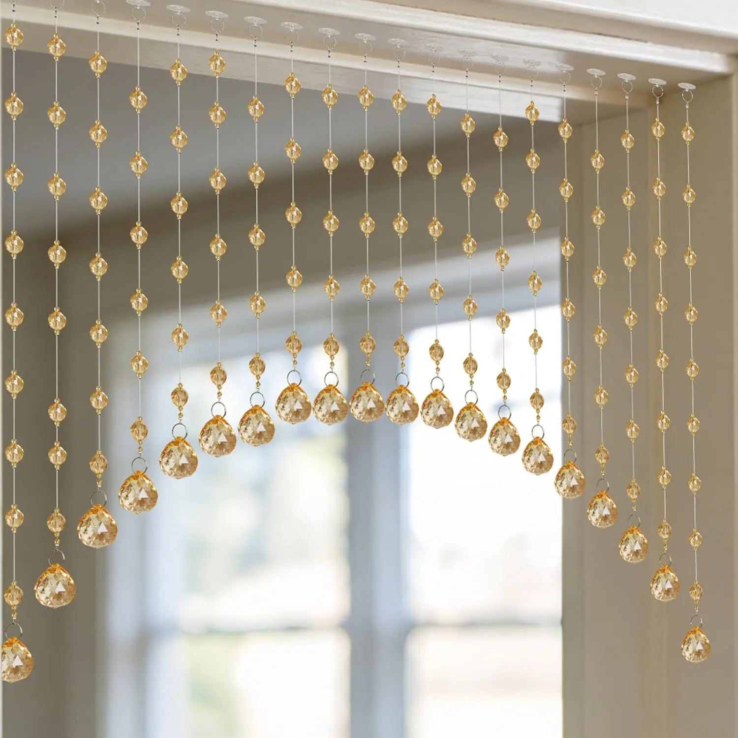 OSVINO Crystal Beaded Curtain for Doorways, 20 Strings Arch Door Beads, Hanging Room Divider Bead Curtains, No Drill Self-Adhesive for Bedroom Window Closet Entryway Home Decor, Champagne