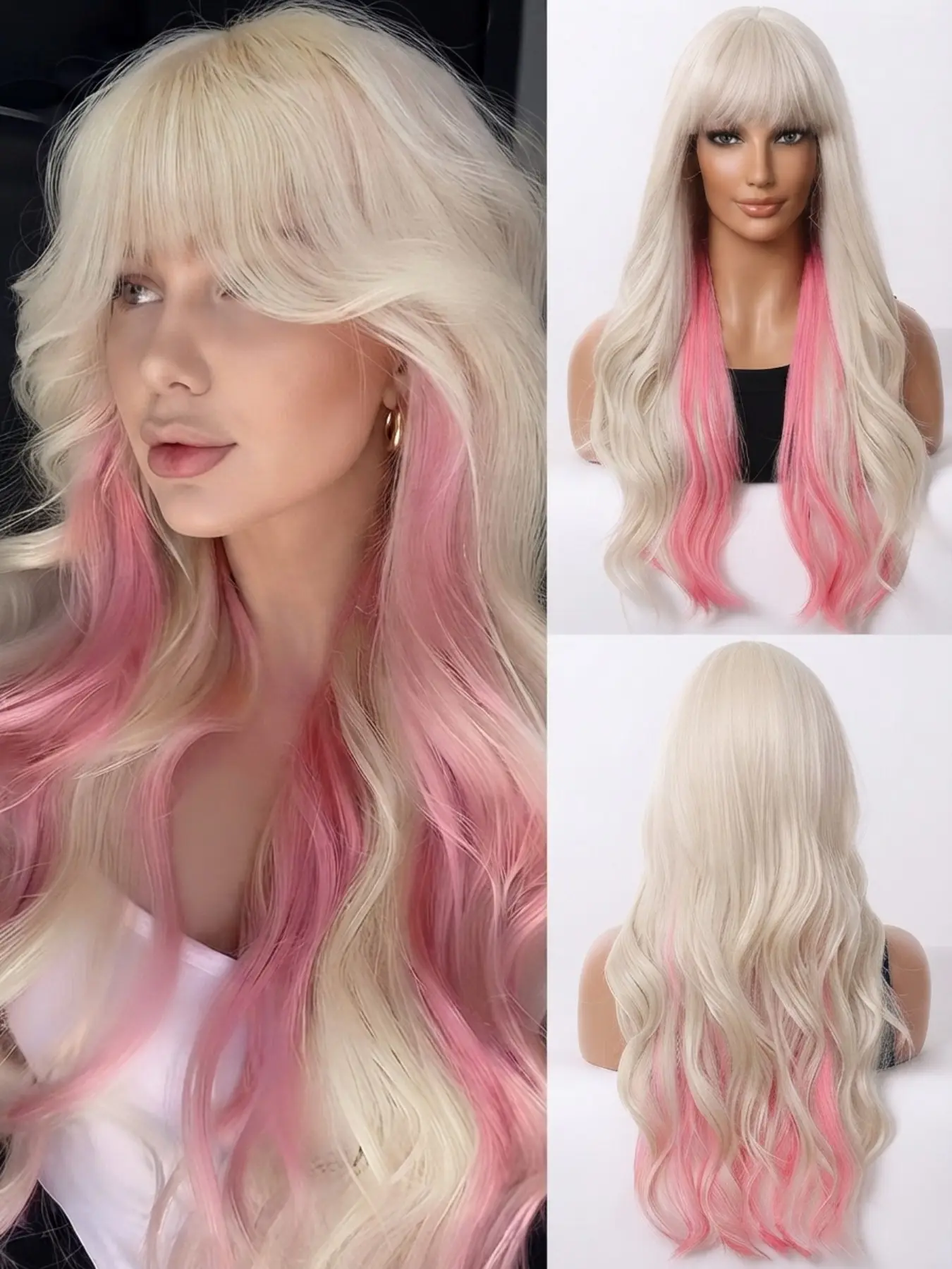 Halloween Blonde Pink Ombre Wig for Women, 26 Inch Long Wavy Synthetic Hair Wig with Bangs, Platinum Blonde Gradient Pink Highlight Wig, Spooky Festival Party Costume Wig, Natural Soft Texture Heat Resistant Fiber Hairpiece for Halloween Cosplay, Concert,