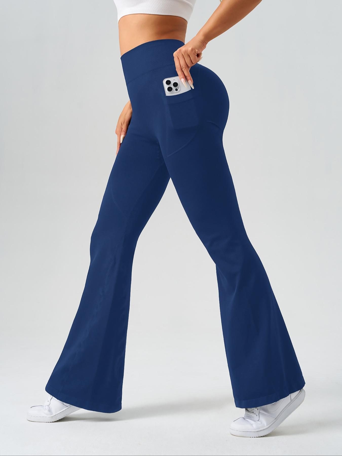Women's Solid High Waist Flare Leg Sports Leggings, Athleisure Fitness Leggings, Casual Comfy Pocket Design Bell Bottom Trousers for Yoga Gym Workout Running, Ladies Sportswear for Fall & Winter