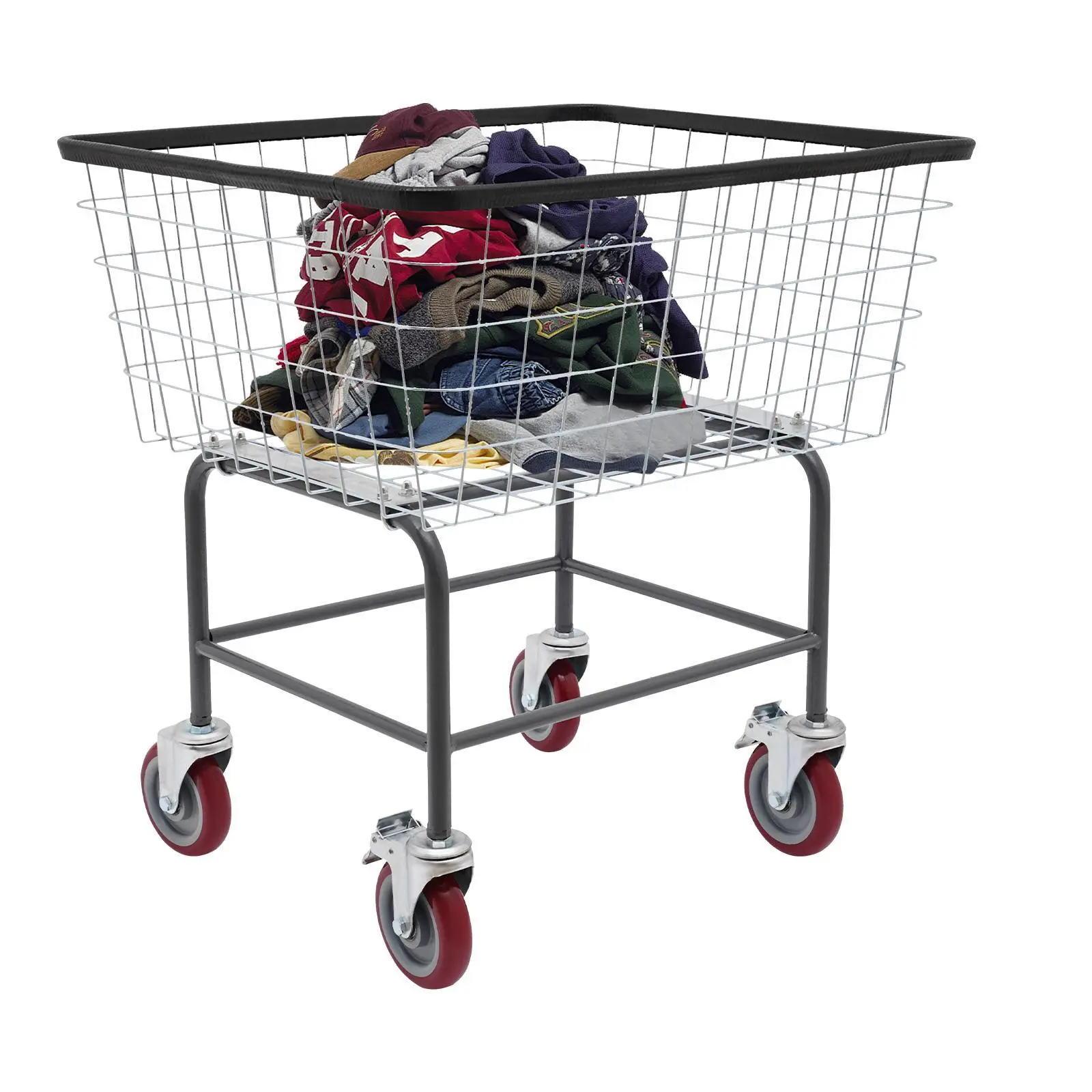 Durable Galvanized Frame Steel & Nylon Wire Laundry Cart with Rubber Wheels, Large Rectangular Basket - Home Organizer Rack for Household, Commercial Use (Red, Black), Thanksgiving