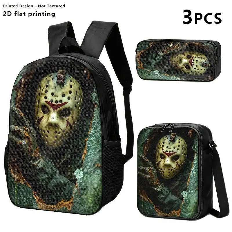 Horror Theme 3-Piece Oxford Backpack Set - Backpack, Lunch Bag, Pencil Case with Friday the 13th Jason Voorhees Cracked Wall Mask Print, 600D Oxford, Breathable Adjustable Straps for School Use, Waterproof