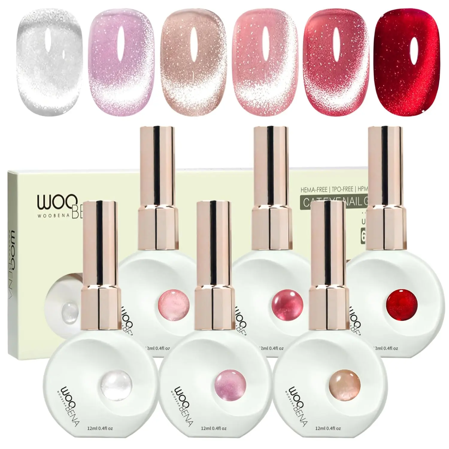 Cat Eye Gel Nail Polish 6Pcs Set,Magnetic Nail Polish with Glass Cat Eye Effect,UV Light Gel Nail Polish Soak Off, Cateye Gel Polish for Home Salon & DIY Nail Art(12ml Each Nude to Red)