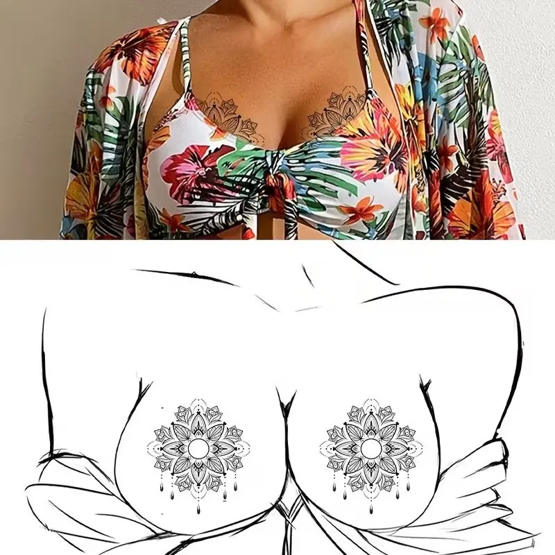 2 Pcs Tattoo Stickers, Style Mandala Chest Tattoos, Beach Vacation, Pool Party Sexy Decor, Easy Peel Off, Removable, Fashionable Gift