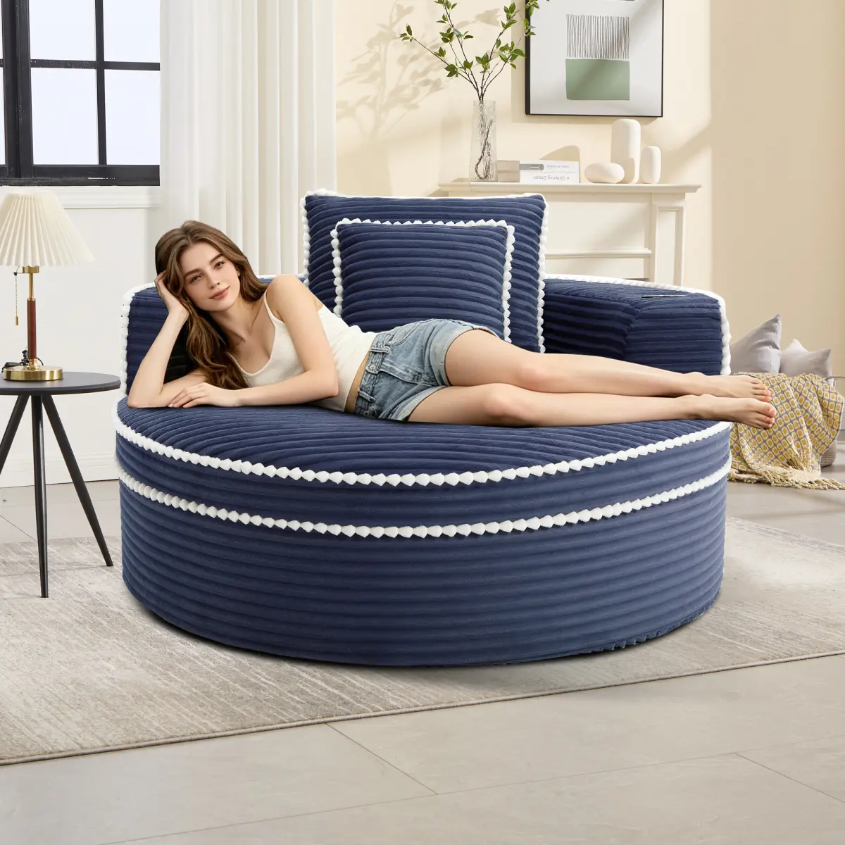 Round Sofa Bed with Memory Foam Sectional Couches for Living Room, Cloud Couch with two pillows, Blue